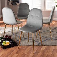 Baxton Studio DC150-Grey Velvet/Gold-DC Elyse Glam and Luxe Grey Velvet Fabric Upholstered Gold Finished 4-Piece Metal Dining Chair Set